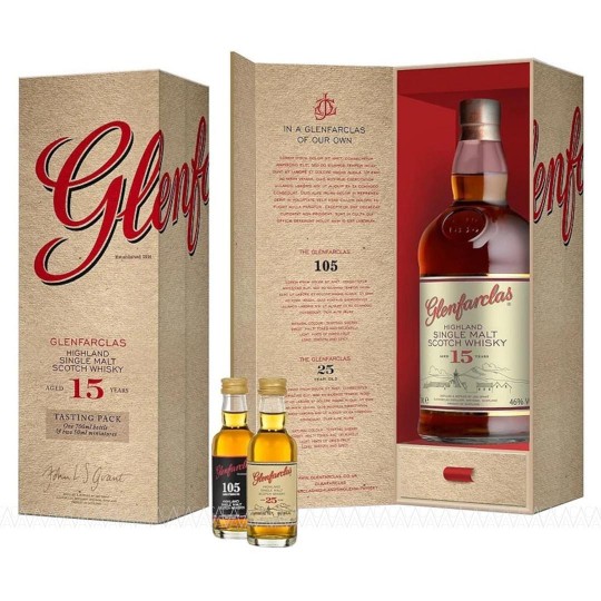 Glenfarclas 15 YO Single Malt Scotch Whisky 700ml + Miniatures 105 50ml & 25 YO 50ml